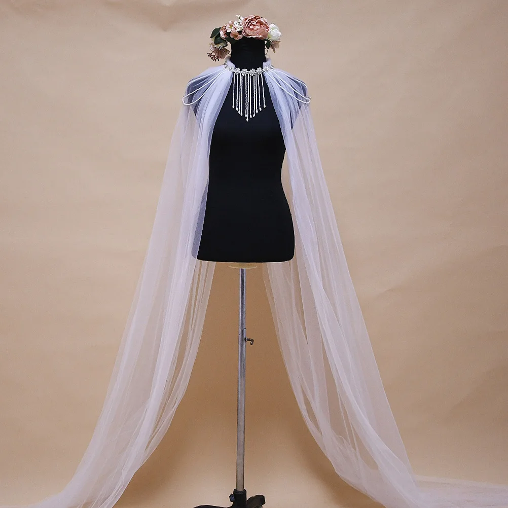 

White Bridal Shawl Fashion Mesh Tassel Robe Wedding Party Tippet Long Cloak Wedding Dress Accessories