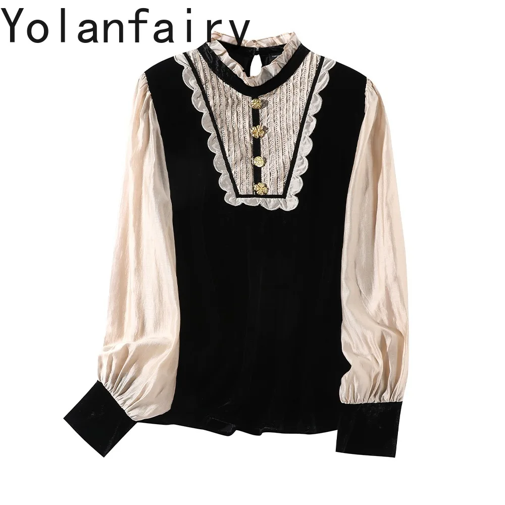 

YOLANFAIRY 20% Mulberry Silk 80% Viscose Velvet Shirt Woman Early Autumn Light Luxury Court-style Long Sleeve Shirts Blouses Top