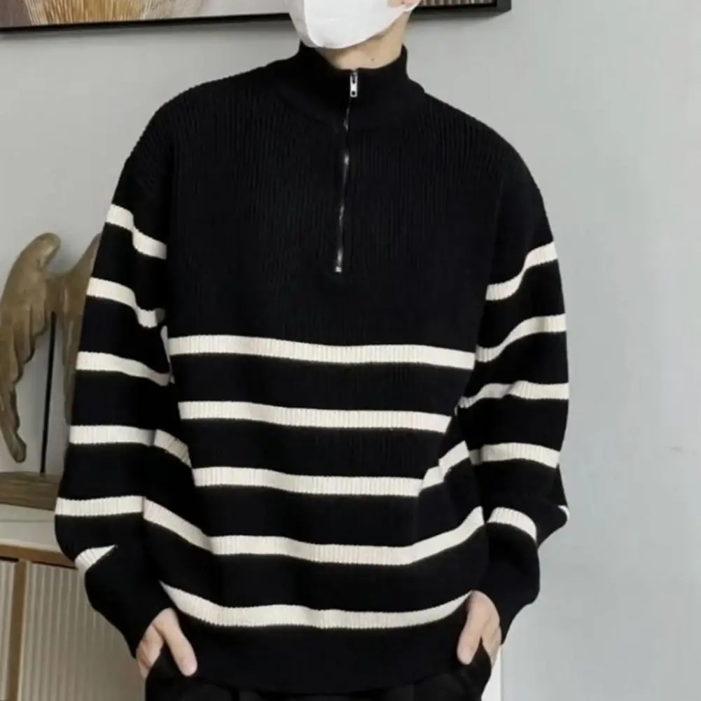 Black White Sweater Men\'s Striped Zipper Stand Collar Sweater Thick Knitted Warm Pullover for Fall Winter Soft Elastic Long