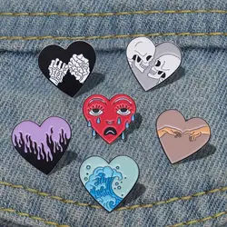 Punk Heart Shape Enamel Pins Custom Skeleton Lovers Ocean Wave Tears Brooches Lapel Badges Funny Jewelry Gift for Kids Friends