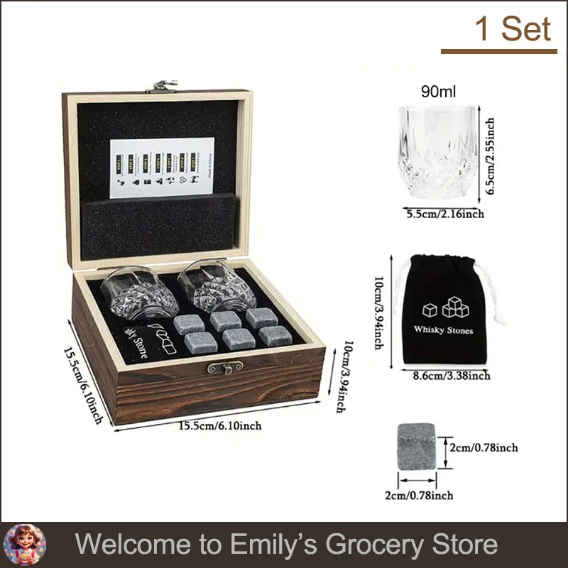Father's Day Gift for Men Whiskey Stones Glasses Set Granite Ice Cube for Whisky in Wooden Bottle Box Present for Dad Husband