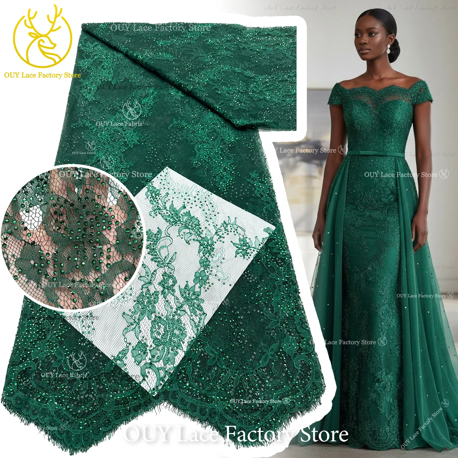 New Style Green African Stone Embroidery Lace 3 Meters French Beaded Sequins Lace Fabric Nigerian Women Evening DIY Sewing