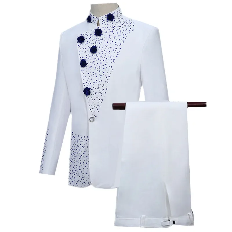 

Oriental Retro Men White Suit Set, Stand Collar, Blue Flower & Sequin Decor, Formal/Party Wear, Male Blazer and Pants