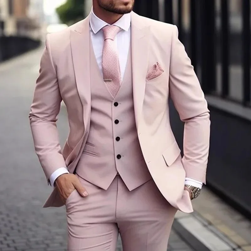 

Men's Business Casual Slim Fit Three Piece Suit Lightweight Summer Fashionable Polyester Blend Wedding Party Host Wear