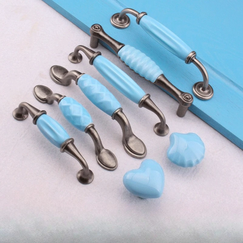 

Vintage Rustic Ceramic Furniture Handles Antique Silver and Blue Handles for Cabinets and Drawers Dresser Shoe Cabinets Pulls