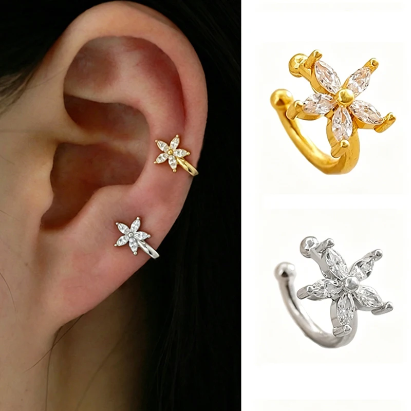 Pendientes de clip ajustables de circonita con diseño de flor, sin perforación, para mujer, estilo rock