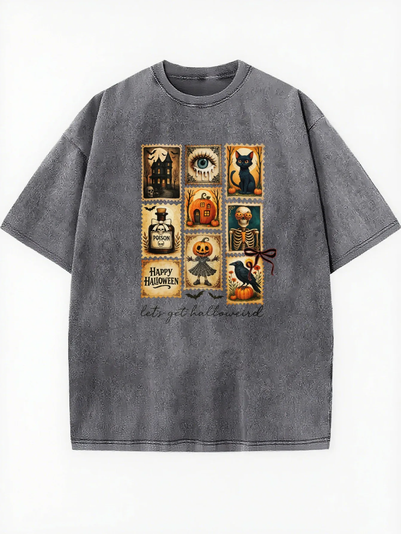 تي شيرت Let's Get Halloweird فضفاض مناسب برقبة دائرية ومغسول مريح ومطبوع للهالوين جاهز للارتداء طوال العام