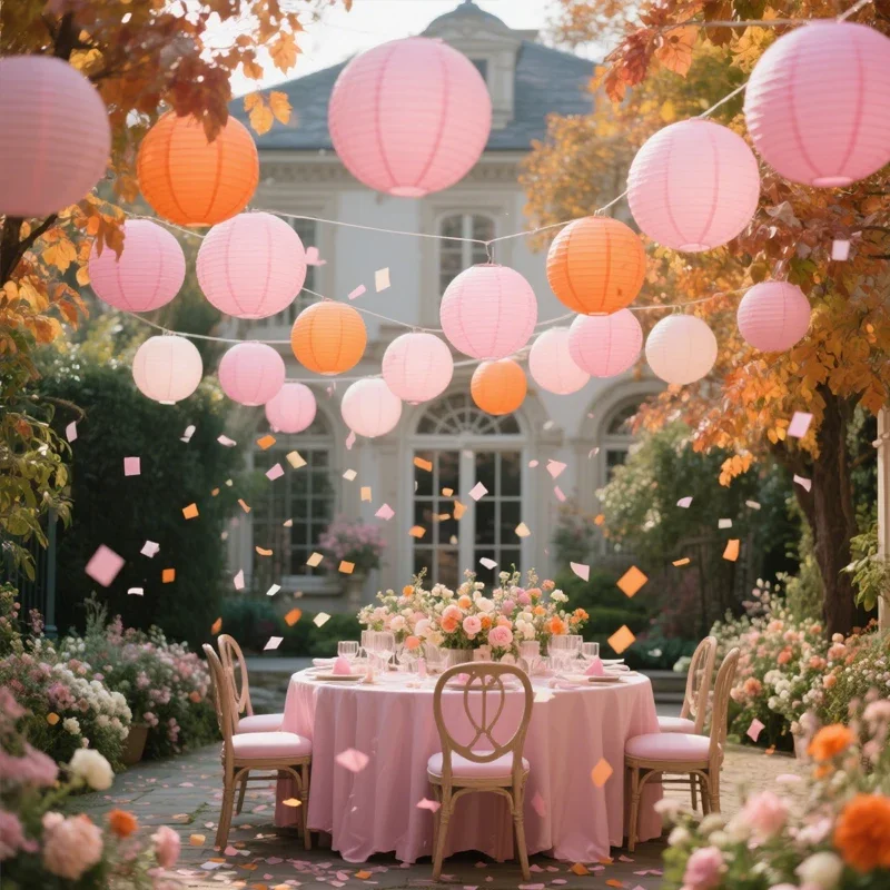 16Pcs Pink and Orange Paper Lanterns Hanging Decorations Sunset Birthday Party Decorations Mixed Sizes 10.24cm 20.40cm 25.48cm 1