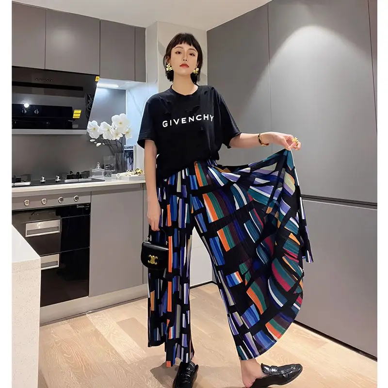 

Pants Women's Summer Pleated Designer Striped Printed Bell-bottoms Fashionable Loose-fitting Wide-leg New Comfortable Minimalist