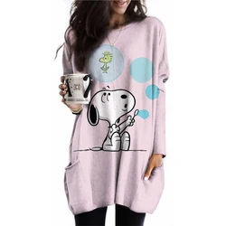 Pullover lungo da donna all'inizio dell'autunno pullover casual fashion Snoopy stampato in vita con tasche camicia da donna