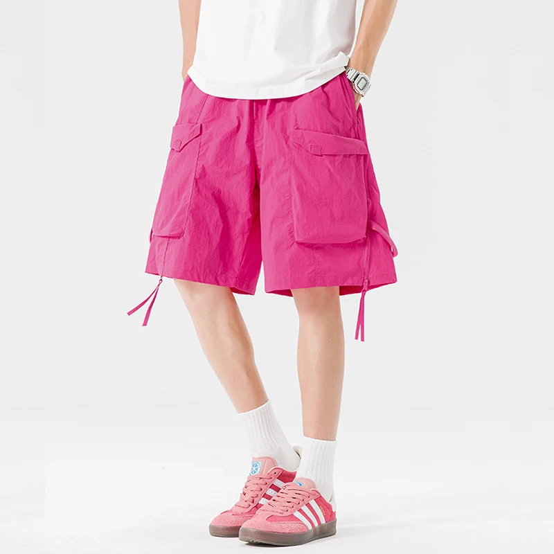 

Ice Silk Workwear orts Men's Summer Thin Dopne Magenta Zipper Slit Five-Quarter Pants Loose Fit Casual Trousers