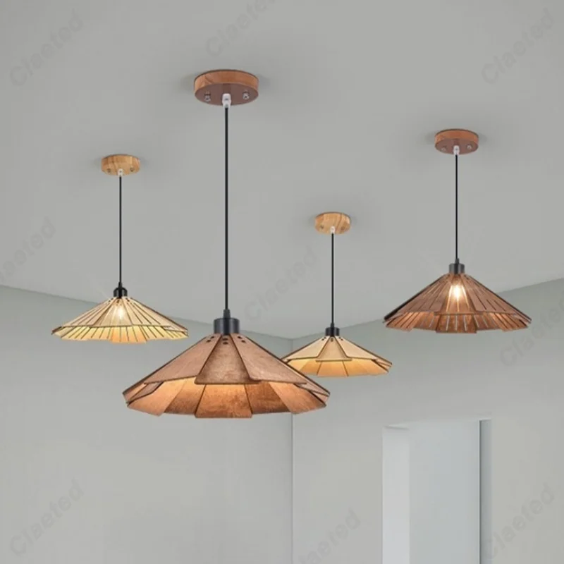 Nordic Wabi-Sabi Natural Wood Pendant Light E27 LED Decor Hanging Lamp for Dining Room Bar Counter Living Room & Bedroom