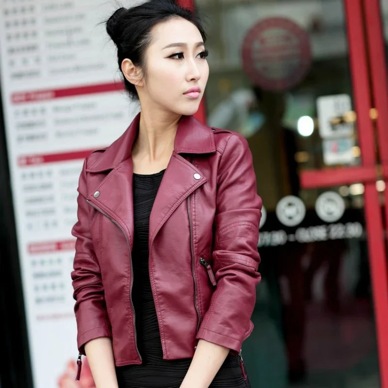 Women Leather Jackets Slim Fit Lapel Zip Up Faux Leather Biker Coat Ladies PU Cropped Top Motorcycle Wear 2022 Fashion Tide