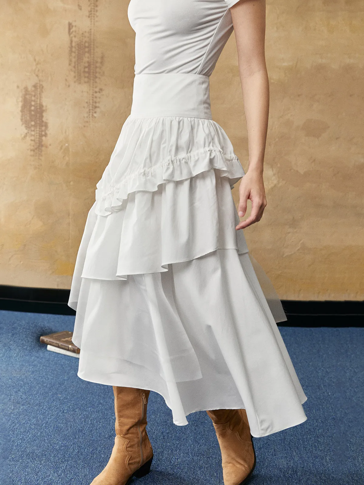 Elegant White Irregular Asymmetrical Tiered Midi Skirt High Waist Ruffle Layer Flowy Side Drawstring Y2K Summer Casual A Line