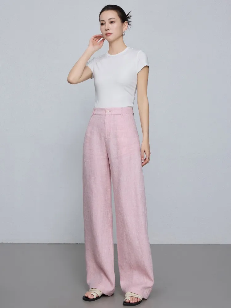 Fashion Summer Women Casual New Pink Breathable 100% Linen Wide Leg Pants Comfortable Loose Fit Pants Ladies High Waist Trousers