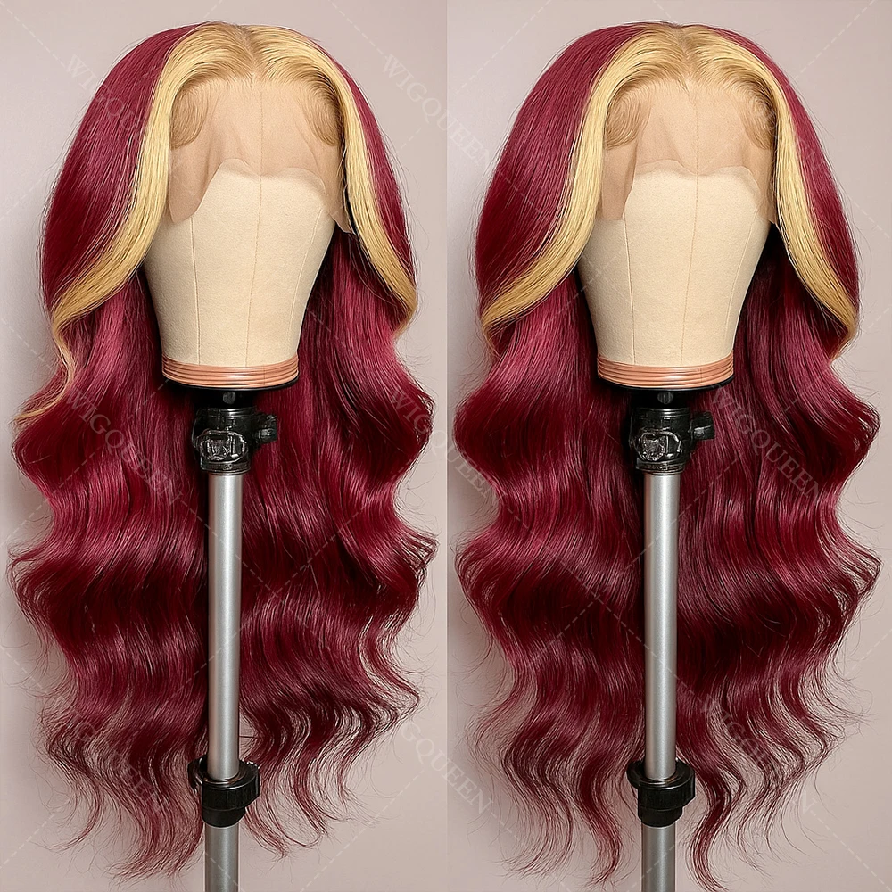 

613/99J Выделите парики с объемной волной 13x4 Кружевные фронтальные парики Человеческие волосы Бразильский Ombre Блондинка Mix Бордовый цвет Парики из человеческих волос