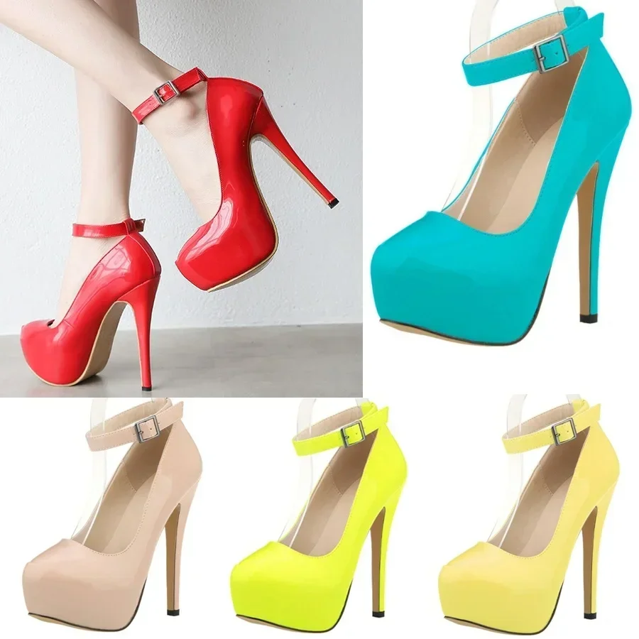 New Women Pumps 14cm Sexy Concise Buckle Supper High Heels Fashion Ankle Strap  Patent Leather Red Wedding Shoes Plus Size