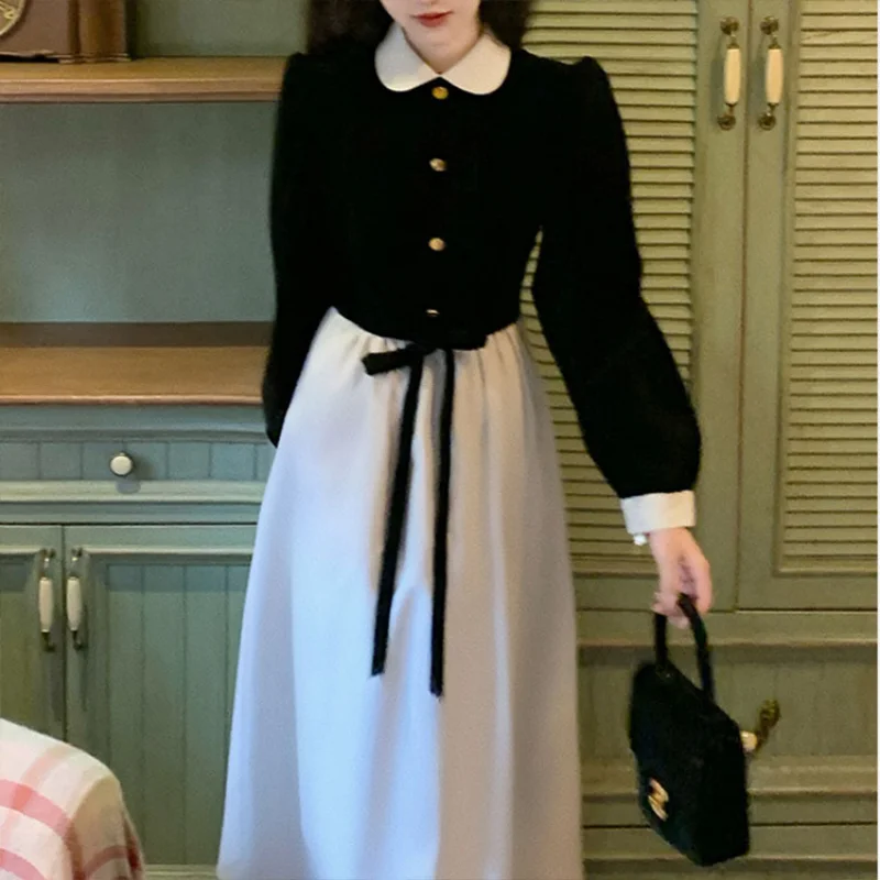 Women's Autumn Black Velvet Dress Long Sleeve Vintage Elegan Spliced Sweet Korean Fashion Small Fragrance Long Dress Mujer 1650