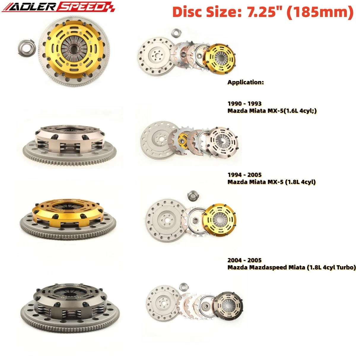 

Комплект сцепления A+ ADLERSPEED 7.25 дюйма (185 мм) с пружинным/спортивным механизмом, одинарный/двойной/тройной диск, для MAZDA MIATA MX-5 1.6L 1.8L 91-05, средняя нагрузка