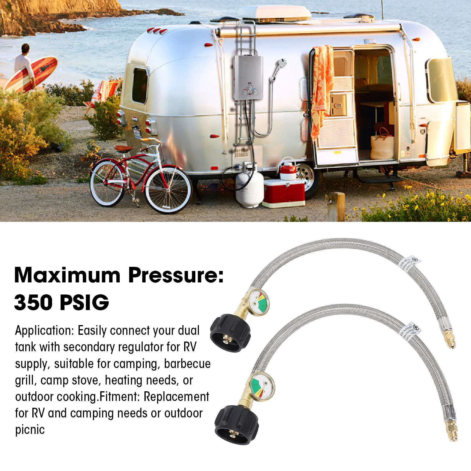 RV خرطوم خط 1/4in ذكر NPT QCC Type1 مدخل الفولاذ المقاوم للصدأ 350 PSIG RV ضفيرة خرطوم 15 بوصة المراقبة في الوقت الحقيقي للتخييم #6