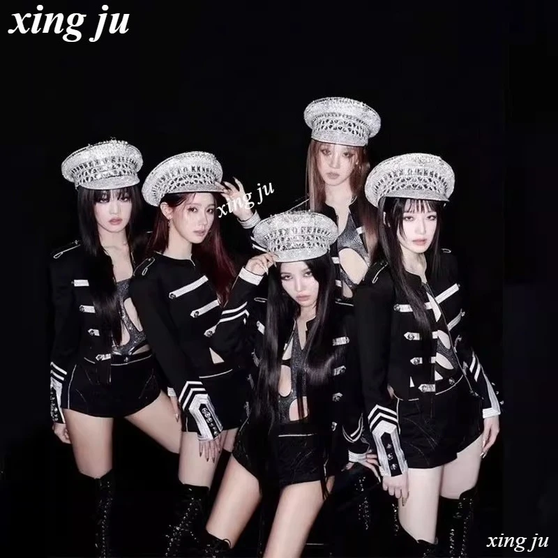 

Kpop Women Group Nightclub DJ Costume Black Cardigan jacket Short Coat Sexy Tight Shorts Girl Jazz Dance Performance Stage Wear