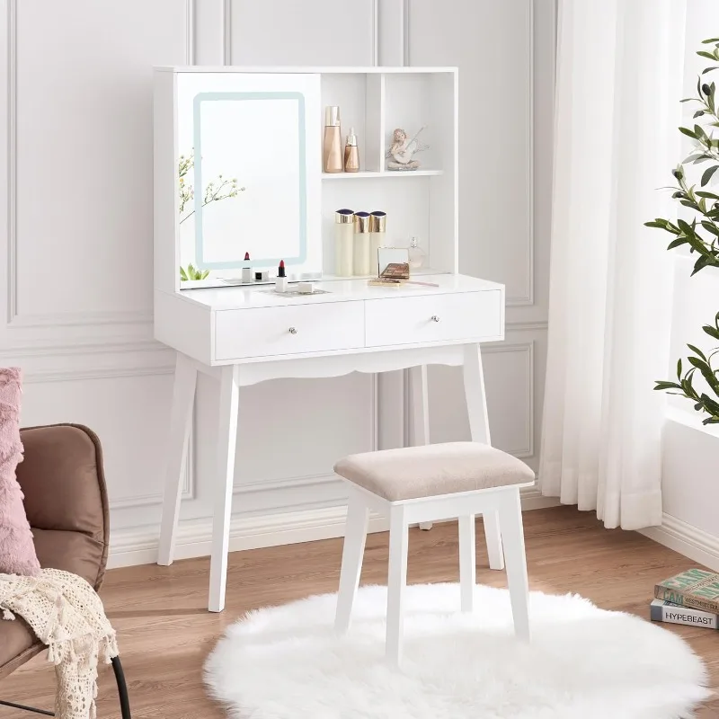 Small Vanity Desk ,Makeup Vanity with Lights,White Vanity Set with 3 Color Lighting,Vanity Table with Cabinet & 2 Drawers