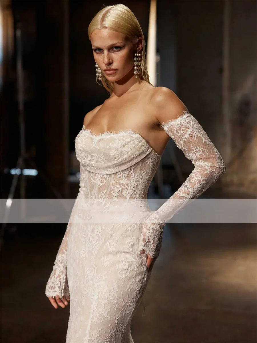 오프숄더 레이스 머메이드 웨딩드레스 긴팔 신부 드레스 여성 스윕 트레인 신부 드레스 베스티도스 데 노비아 맞춤 제작