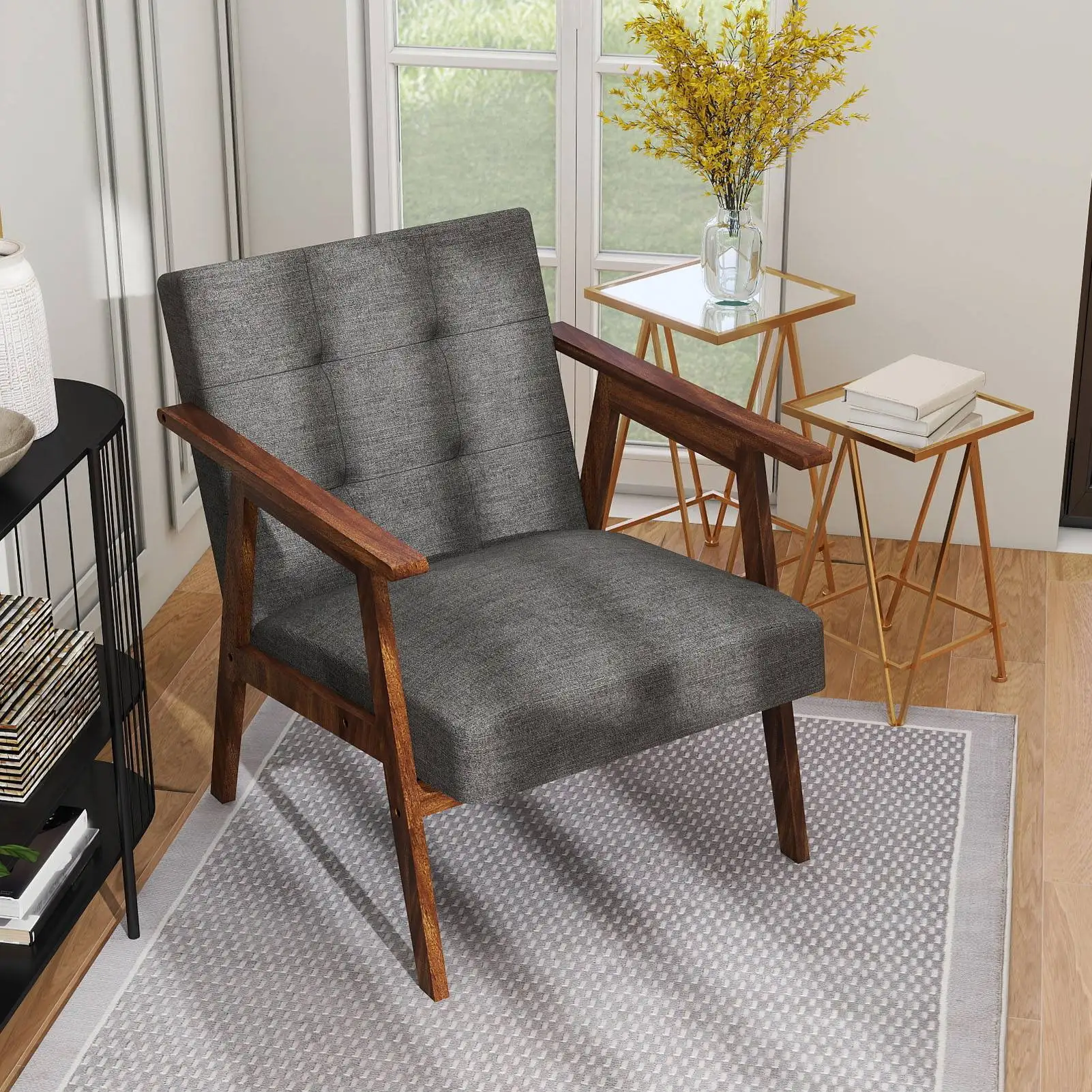

Comfy Upholstered Living Room Chair - Dark Gray Mid Century Modern Solid Wood Frame Armchair