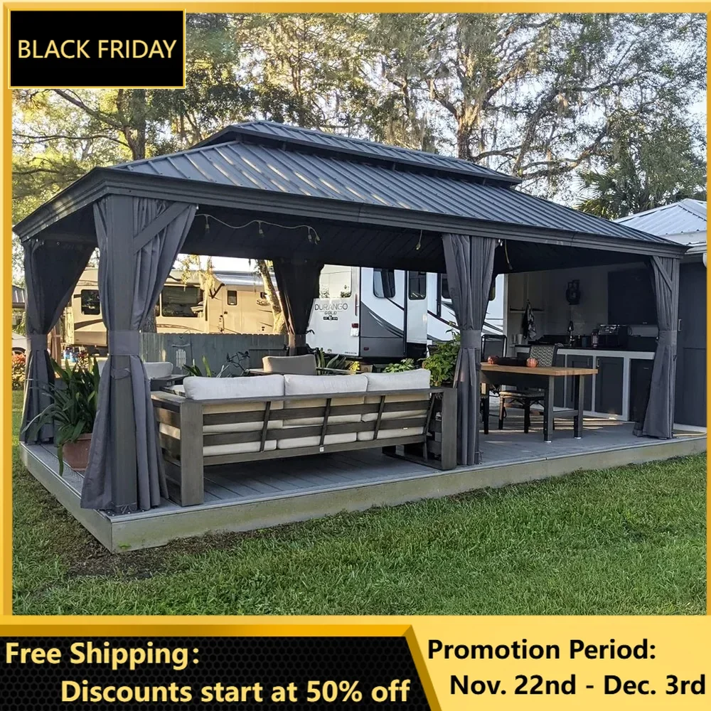 12' X 20'Permanent Hardtop Gazebo with Galvanized Steel Double Roof for Patio Lawn and Garden, Curtains and Netting Included