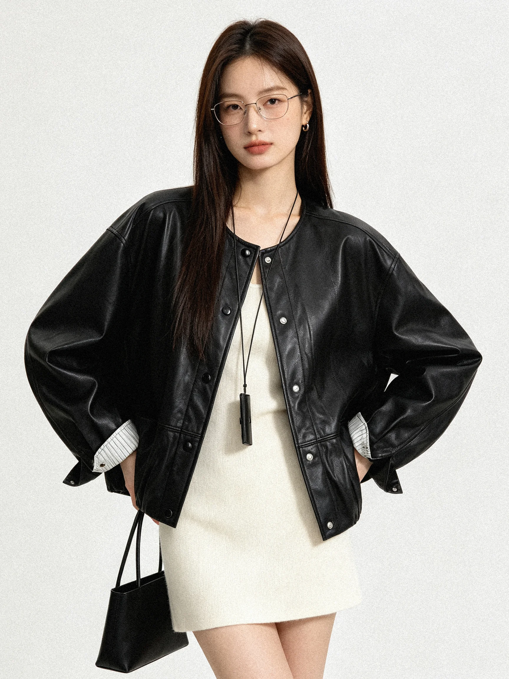 Retro Korean Style Short round Neck Leather Jacket Motorcycle Wind Slimming Outerwear Long Sleeve Straight Cut Daily Use