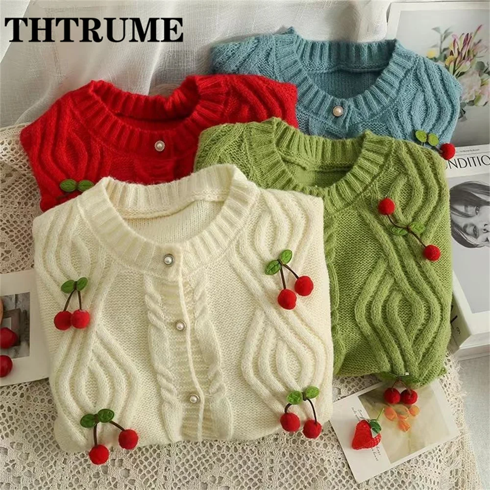 Sweet Women Cherry Knit Sweaters Fashion Women Autumn Long Sleeve Round Neck Jumpers Tops Casual Single Breasted Korean Cardigan