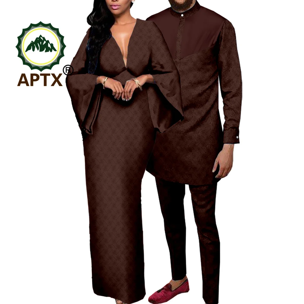 Vêtements Africains Dashiki pour Couple, Tenues Assorties, Sexy, Col en V Profond, Bal de Promo pour Femmes et Hommes, Ensemble Chemise et Pantalon, Vêtements de Mariage, TY23C088