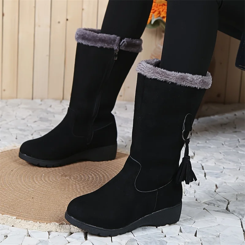 Women\'s Shoes Fashion Women Warm Chelsea High Fur Boots 2024 New Women Boots Mid-calf Plush Snow Flat Boots Zapatos Para Mujeres