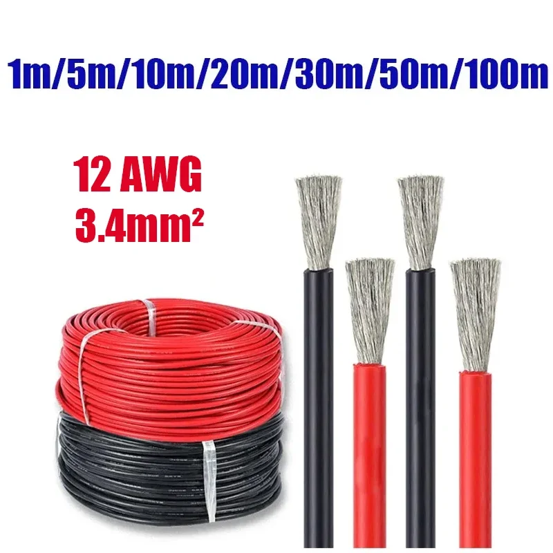 12AWG Heat Resistant Wire Flexible Silicone Cable Red Black Tinned Copper Electrical Wire for Solar Panel Battery Auto Car Motor