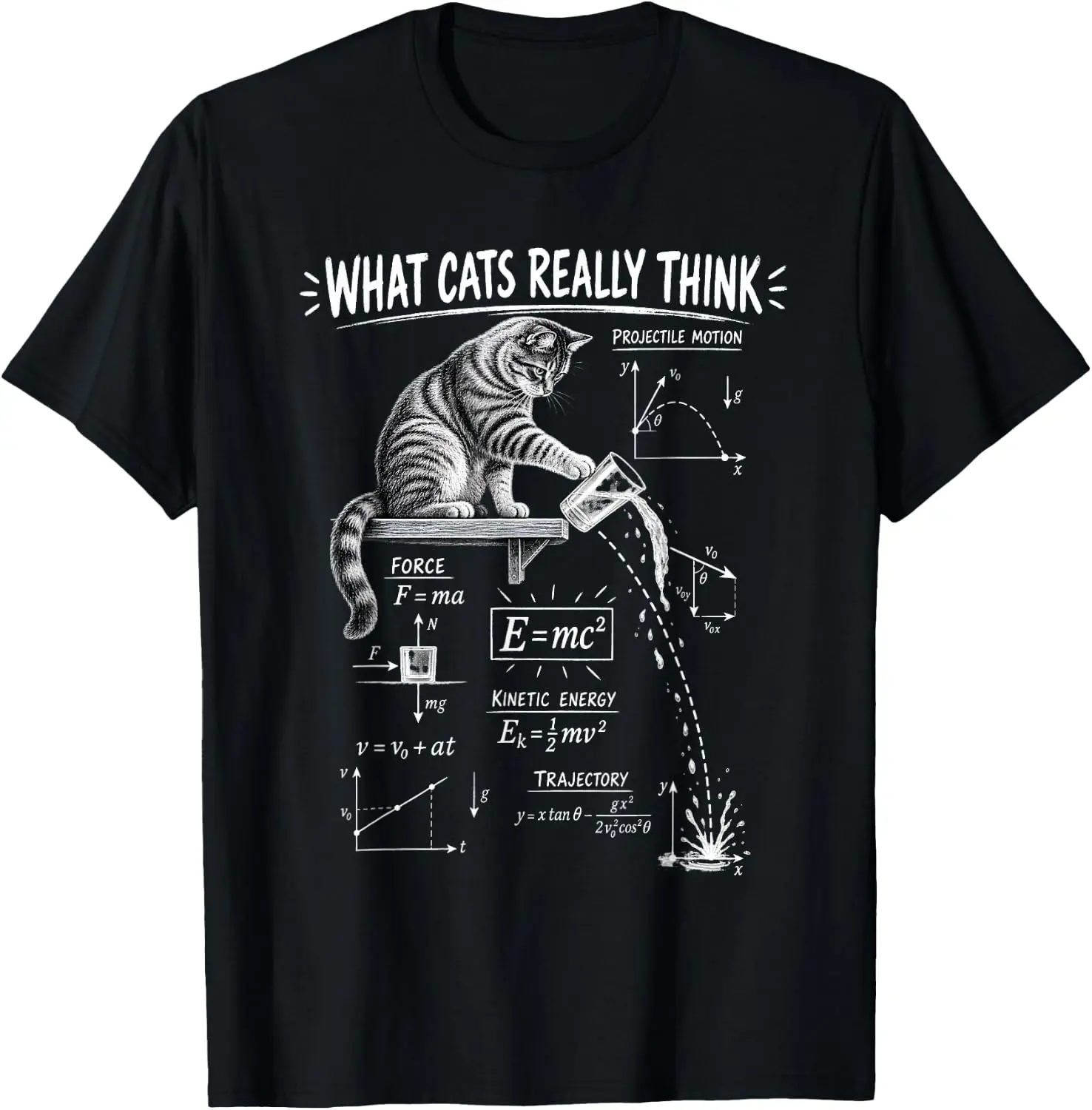 Cat Physics Projectile Motion Science Teacher Energy Humor T-Shirt Versatile, heavyweight pure cotton short-sleeve tee—trendy, thick fabric; a great gift for Christmas or Halloween.