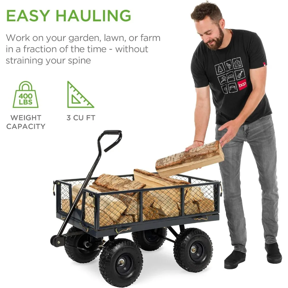 รถเข็นสวนเหล็กสำหรับงานหนัก รับน้ำหนักได้ 400 ปอนด์ ด้านข้างถอดออกได้ เหมาะสำหรับงานขนย้ายระยะไกลในสวนและสนามหญ้า