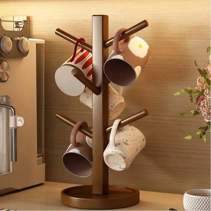 1pc Natural Wooden Mug Rack 4/6 Hanging Hooks Anti Slip Stable Base For Kitchen Coffee Bar Cup Storage