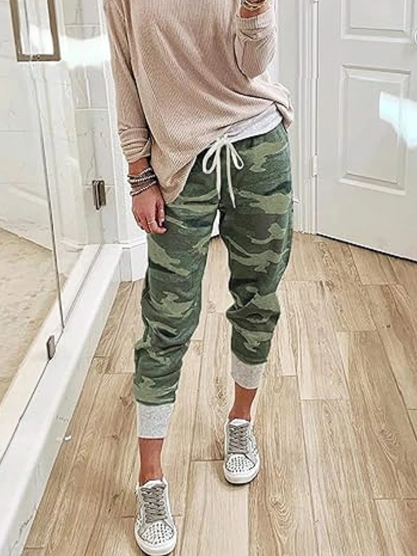 Y2K Camo Casual Drawstring Sweatpants Loose Fit Camo Cargo Pants for Women Fall Yoga Pants