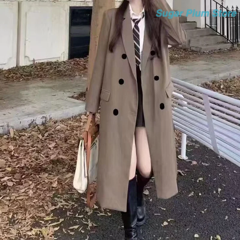 College Wind Girl Autumn New Long Coat Double-breasted Lapels Soft and Slim Campus Fashion Comfortable Leisure Commuter Top.