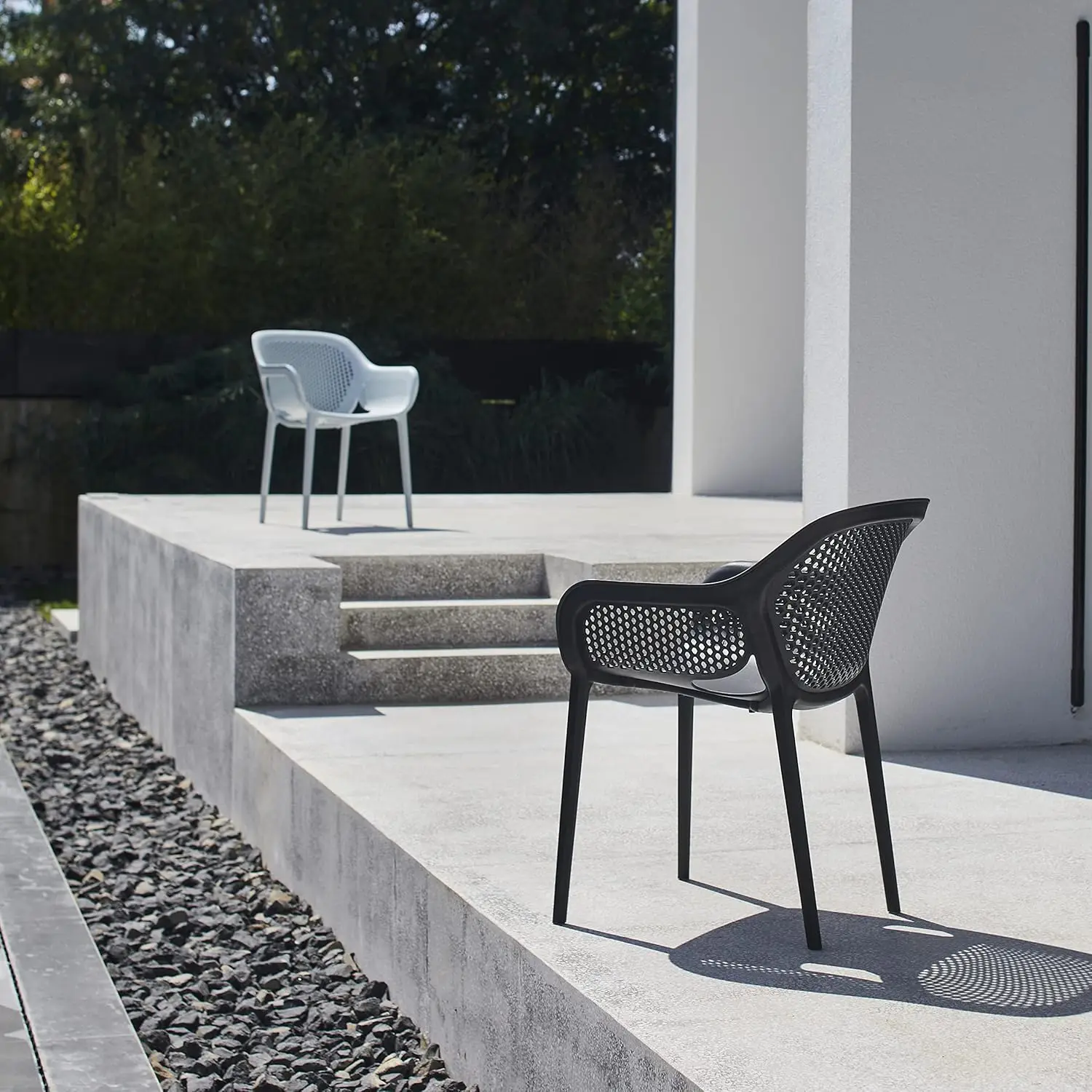 Modern Stackable Dining Side Arm Chair, Cool Grey Patio Chair, interior ou exterior, Conjunto de 2