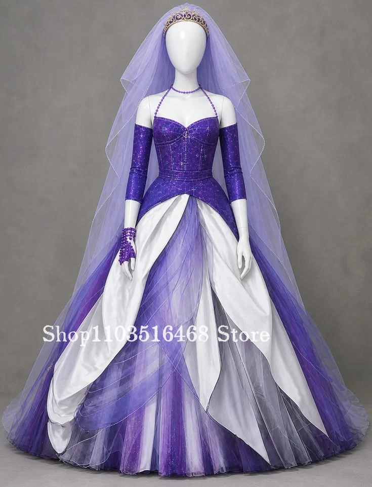 Customized Purple White Fantasy Ball Gown Wedding Dress Sparkly Tulle Bridal Gown Cosplay Party Dress Special Occasion Prom Dres