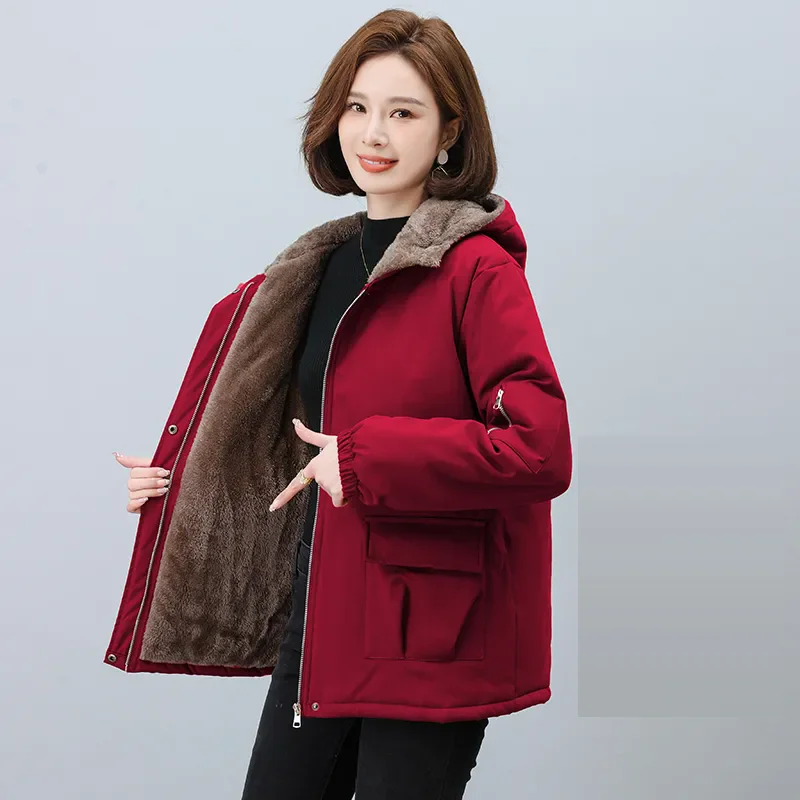 

Hooded Velvet Lined Winter Jacket Women Casual Warm Padded Coats Big Size Snow Wear Plush Parka 2024 Loose parka jacket