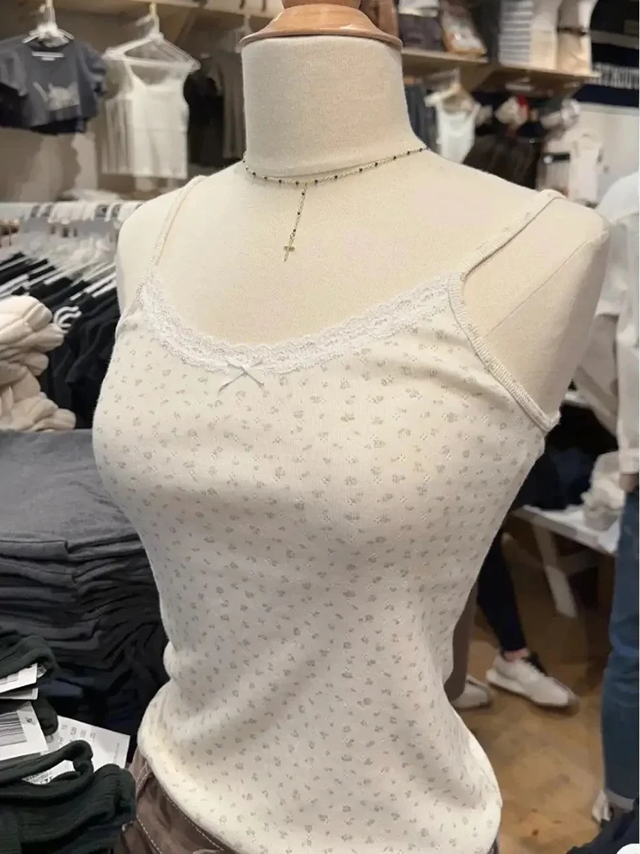 الأخضر الأزهار العيينة سليم المحاصيل الأعلى امرأة الصيف القوس الدانتيل تقليم أكمام القطن كاميس الحلو Preppy نمط كل مباراة تانك القمم Y2k #3