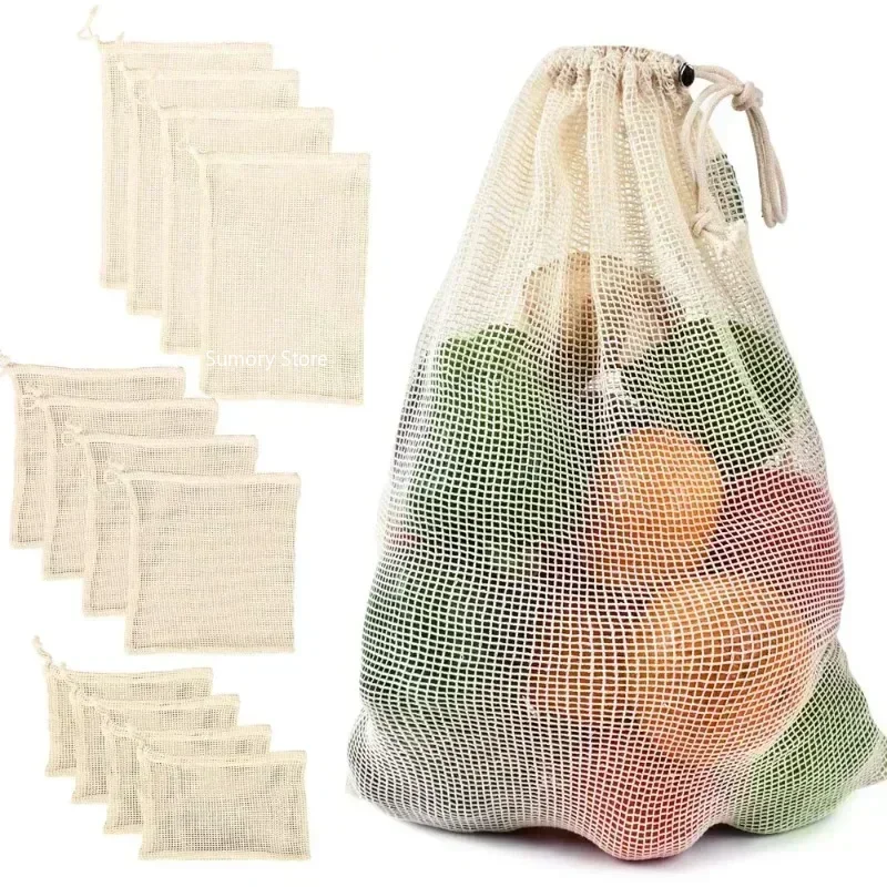 Cotton Mesh Vegetable Bags Produce Bag Reusable Cotton Mesh Vegetable Storage Bag Kitchen Fruit Vegetable with Drawstring Bag