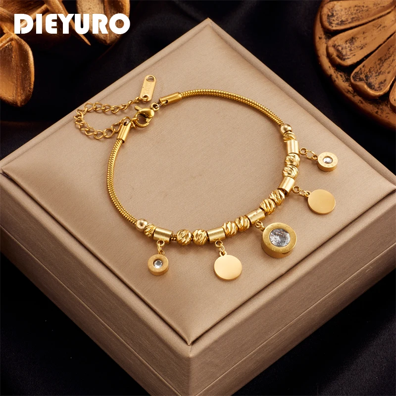 DIEYURO 316L Stainless Steel Gold Color Roman Number Zircon Bracelet For Women Fashion Girls Charm Bracelets Party Jewelry Gifts