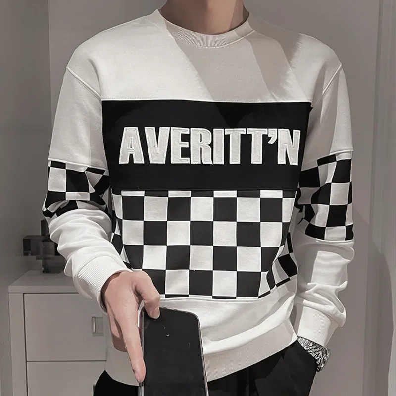 

Black White Plaid Stitching Letter Sweatshirts Pullover Hoodies Streetwear Hip Hop Casual Outerwear Tops Men O-neck Sweatshirt