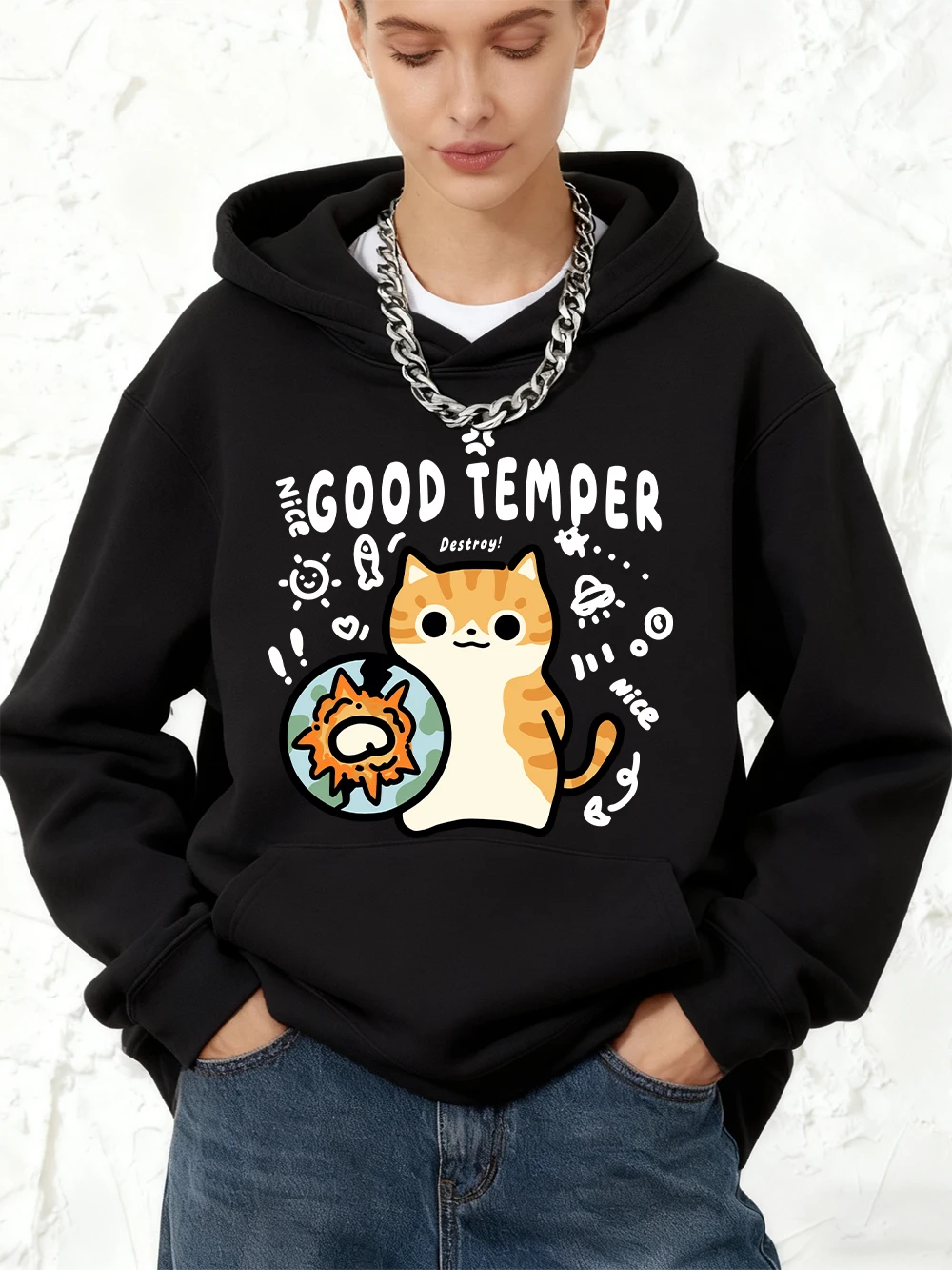 굿 템퍼 디스트로이 캣 프린트 코튼 후디 여성용 스포티 루즈 풀오버 겨울 플리스 따뜻한 스웨트셔츠 조깅 포켓 탑스