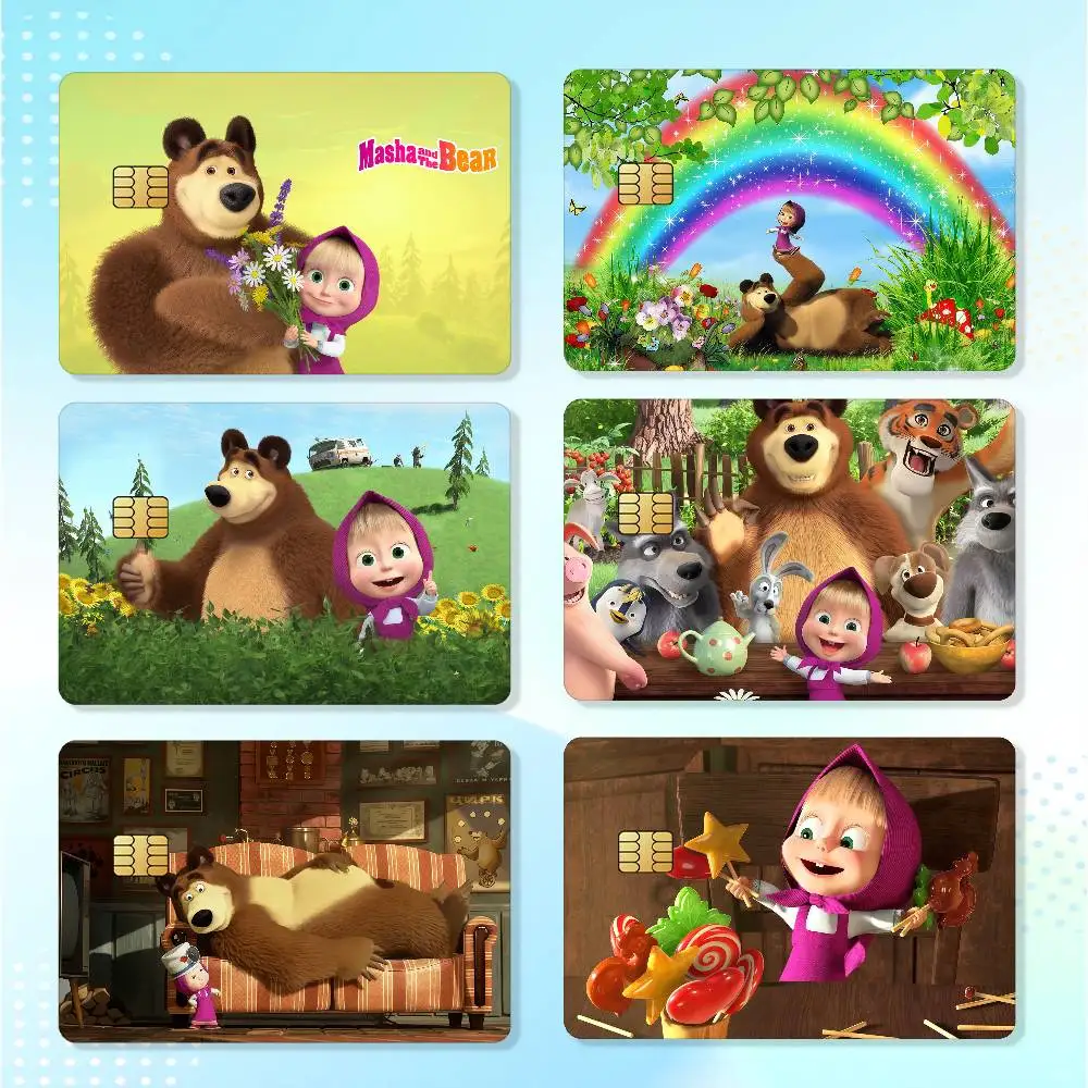 Cartoon M-Masha and The Bear Credit Skin Cover Card Stickers 4PCS Film Bus Pass Front Decoration Bank Debit Waterproof