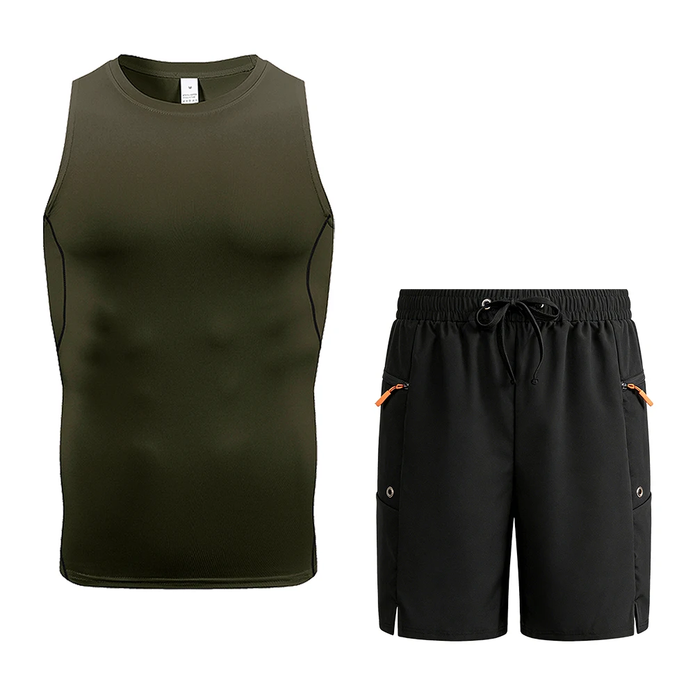 طقم تانك وسروال قصير بدون أكمام للرجال للجري في الهواء الطلق وكاجوال بلون سادة وجيوب بسحاب وخصر مطاطي ورباط