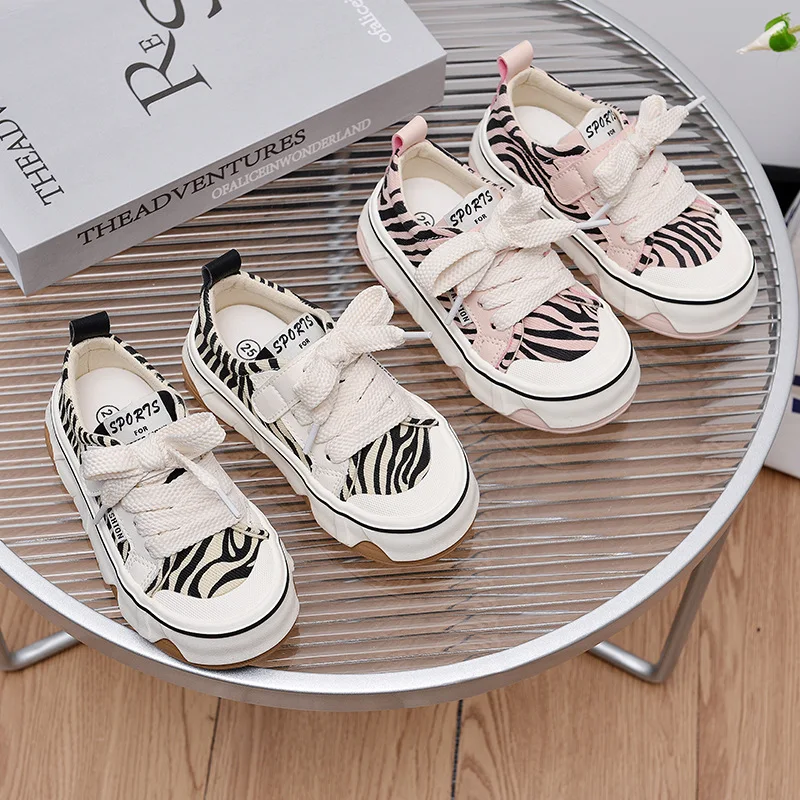 Children's Canvas Zebra Pattern College Style Student Casual Shoes2024Spring New4-12Baby Soft-Soled Shoes Years Old